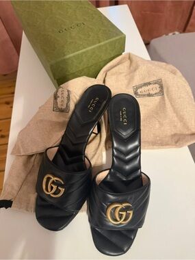 Gucci Black Leather Slide Mules with Gold Double G
